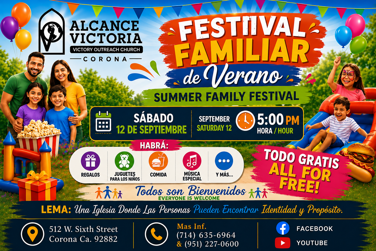 Cartel del Festival Familiar de Verano de Iglesia Alcance Victoria Corona